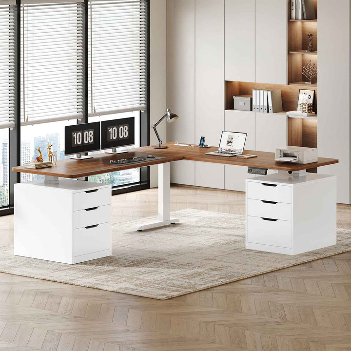 SEDETA 66.9 Inch L Shaped Electric Standing Desk with 6 Drawers Height Adjustable Corner Desk with Built-in Power Outlet Sit Stand Desk with 3 Memory Heights