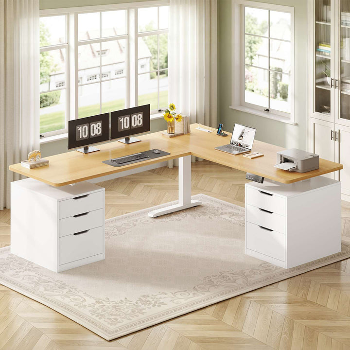 SEDETA 66.9 Inch L Shaped Electric Standing Desk with 6 Drawers Height Adjustable Corner Desk with Built-in Power Outlet Sit Stand Desk with 3 Memory Heights