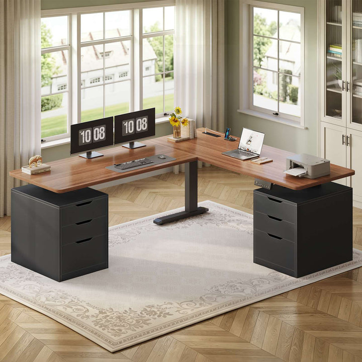 SEDETA 66.9 Inch L Shaped Electric Standing Desk with 6 Drawers Height Adjustable Corner Desk with Built-in Power Outlet Sit Stand Desk with 3 Memory Heights
