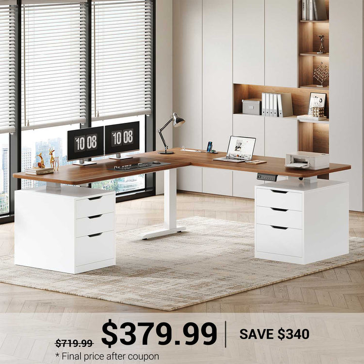 SEDETA 66.9 Inch L Shaped Electric Standing Desk with 6 Drawers Height Adjustable Corner Desk with Built-in Power Outlet Sit Stand Desk with 3 Memory Heights