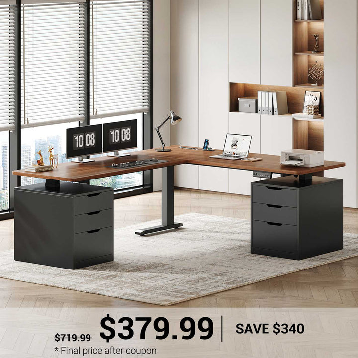 SEDETA 66.9 Inch L Shaped Electric Standing Desk with 6 Drawers Height Adjustable Corner Desk with Built-in Power Outlet Sit Stand Desk with 3 Memory Heights