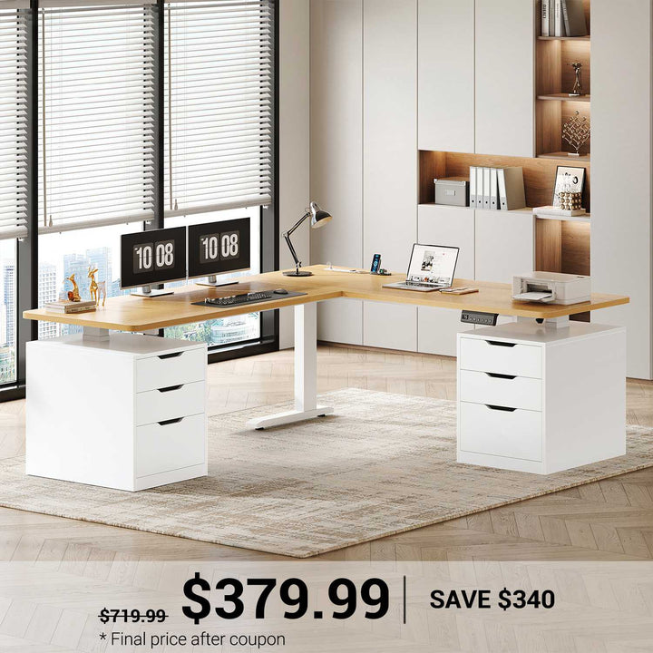 SEDETA 66.9 Inch L Shaped Electric Standing Desk with 6 Drawers Height Adjustable Corner Desk with Built-in Power Outlet Sit Stand Desk with 3 Memory Heights