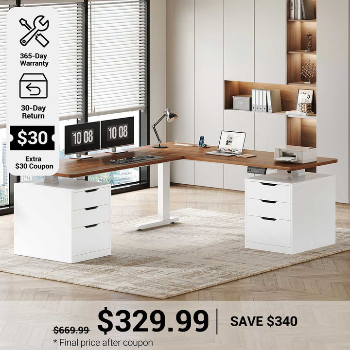SEDETA® 66.9 Inch L Shaped Electric Standing Desk Height Adjustable Corner Sit Stand Desk with 3 Memory Heights Built-in Power Outlet 6 Drawers