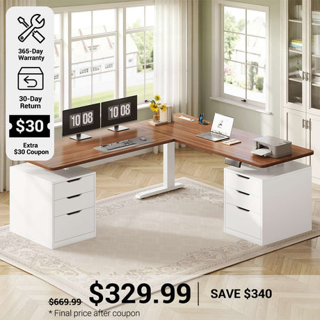 SEDETA® 66.9 Inch L Shaped Electric Standing Desk Height Adjustable Corner Sit Stand Desk with 3 Memory Heights Built-in Power Outlet 6 Drawers