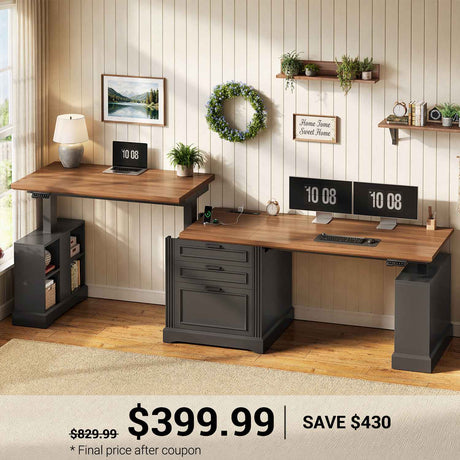 SEDETA | 98.4 Inch Electric Standing Desk Height Adjustable 2 Person Long Computer Desk Farmhouse with Power Outlets 3 Drawers Storage Cabinet