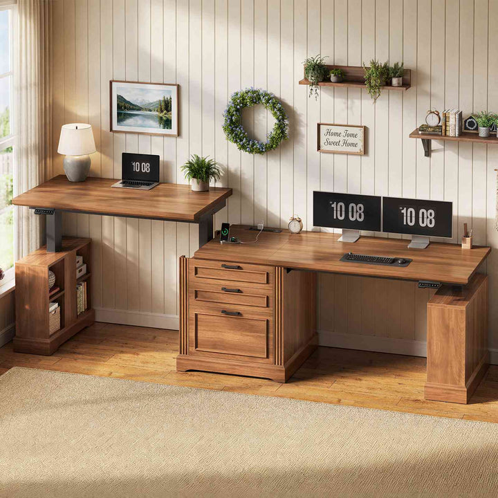 SEDETA | 98.4 Inch Electric Standing Desk Height Adjustable 2 Person Long Computer Desk Farmhouse with Power Outlets 3 Drawers Storage Cabinet
