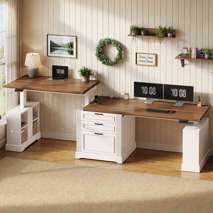 SEDETA | 98.4 Inch Electric Standing Desk Height Adjustable 2 Person Long Computer Desk Farmhouse with Power Outlets 3 Drawers Storage Cabinet