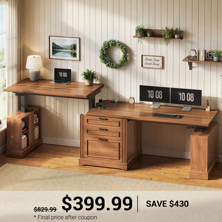 SEDETA | 98.4 Inch Electric Standing Desk Height Adjustable 2 Person Long Computer Desk Farmhouse with Power Outlets 3 Drawers Storage Cabinet