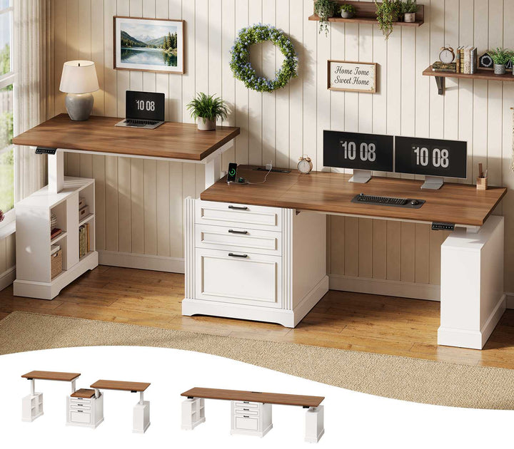 SEDETA | 98.4 Inch Electric Standing Desk Height Adjustable 2 Person Long Computer Desk Farmhouse with Power Outlets 3 Drawers Storage Cabinet