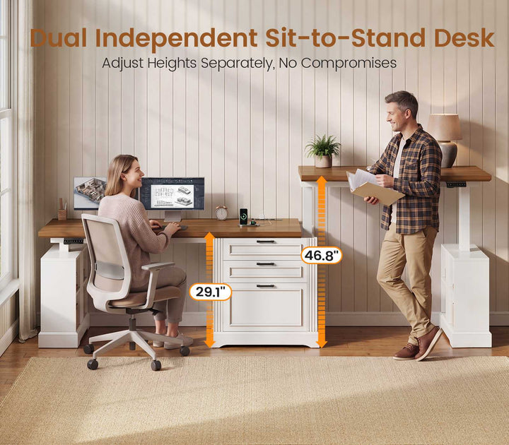 SEDETA | 98.4 Inch Electric Standing Desk Height Adjustable 2 Person Long Computer Desk Farmhouse with Power Outlets 3 Drawers Storage Cabinet