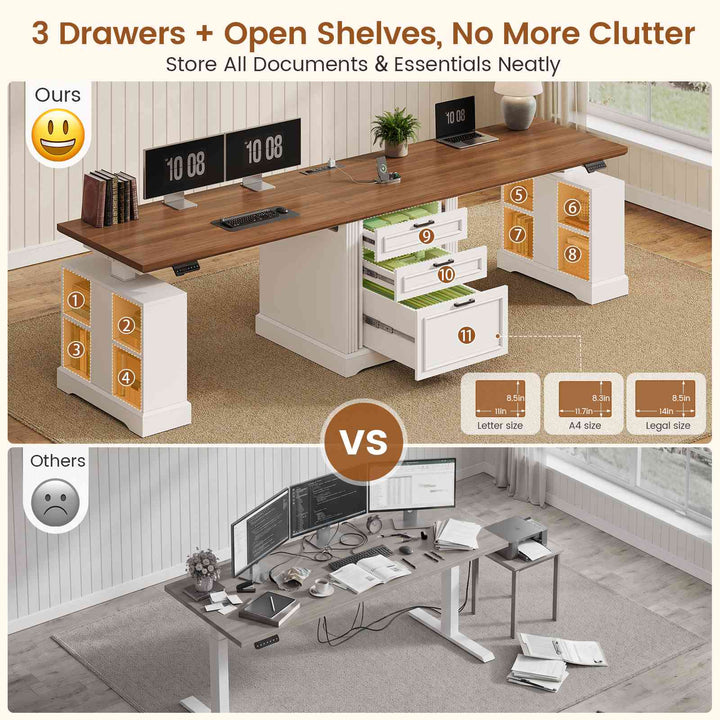 SEDETA | 98.4 Inch Electric Standing Desk Height Adjustable 2 Person Long Computer Desk Farmhouse with Power Outlets 3 Drawers Storage Cabinet