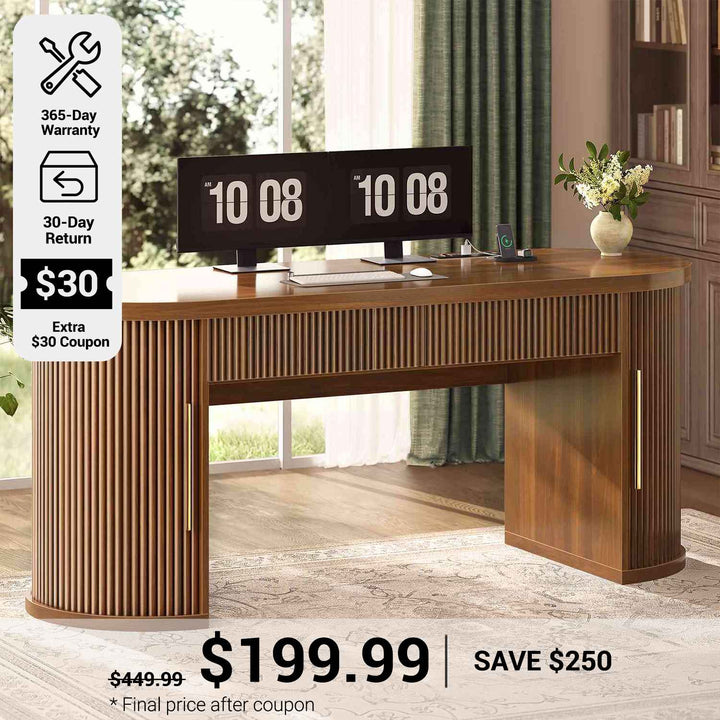 SEDETA® 58.3 Inch Fluted Long Computer Desk Executive Desk Wood Office Desk with 2 Drawers 2 Sliding Doors 4 Storage Shelves Power Strip
