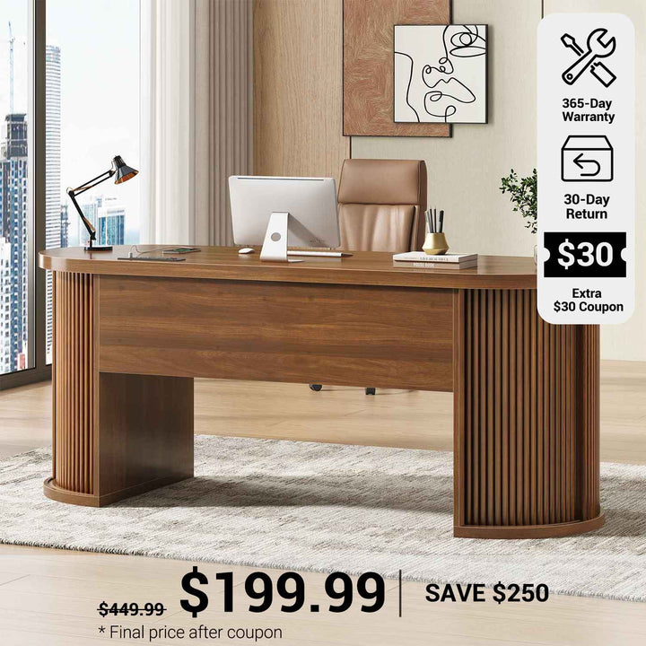 SEDETA® 58.3 Inch Fluted Long Computer Desk Executive Desk Wood Office Desk with 2 Drawers 2 Sliding Doors 4 Storage Shelves Power Strip