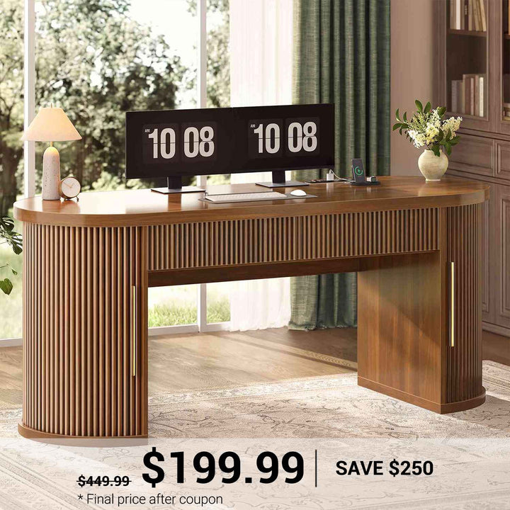 SEDETA® 58.3 Inch Fluted Long Computer Desk Executive Desk Wood Office Desk with 2 Drawers 2 Sliding Doors 4 Storage Shelves Power Strip
