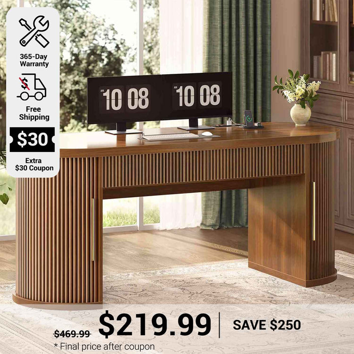 SEDETA 58.3 Inch Office Desk with 2 Drawers Fluted Long Computer Desk with 2 Sliding Doors Storage and Power Strip Wood Executive Desk for Home Office