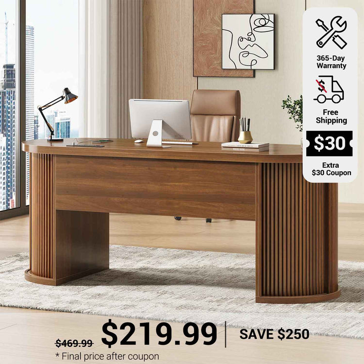 SEDETA 58.3 Inch Office Desk with 2 Drawers Fluted Long Computer Desk with 2 Sliding Doors Storage and Power Strip Wood Executive Desk for Home Office