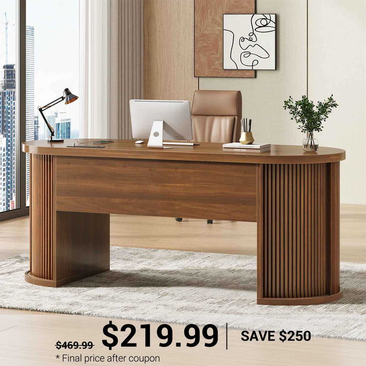 SEDETA 58.3 Inch Office Desk with 2 Drawers Fluted Long Computer Desk with 2 Sliding Doors Storage and Power Strip Wood Executive Desk for Home Office