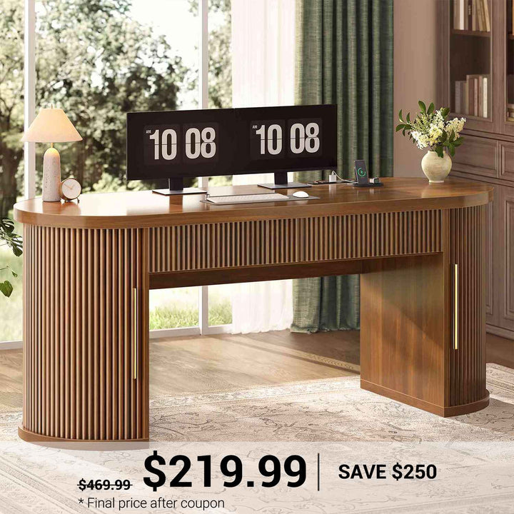 SEDETA 58.3 Inch Office Desk with 2 Drawers Fluted Long Computer Desk with 2 Sliding Doors Storage and Power Strip Wood Executive Desk for Home Office