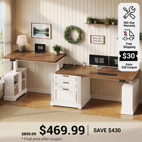 SEDETA 98.4 Inch Electric Standing Two Person Desk Farmhouse Height Adjustable Long Computer Desk with 3 Drawers Storage Cabinet Power Outlets for Home Office