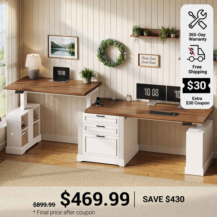 SEDETA 98.4 Inch Electric Standing Two Person Desk Farmhouse Height Adjustable Long Computer Desk with 3 Drawers Storage Cabinet Power Outlets for Home Office