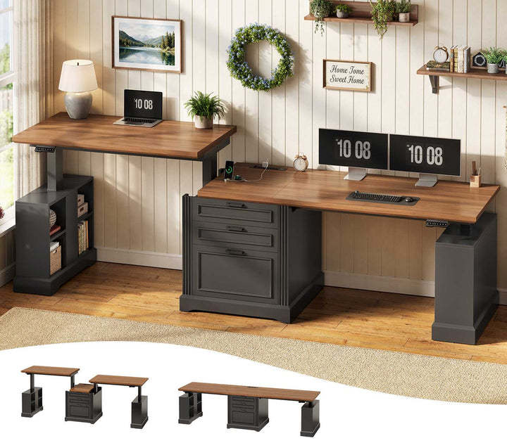 SEDETA | 98.4 Inch Electric Standing Desk Height Adjustable 2 Person Long Computer Desk Farmhouse with Power Outlets 3 Drawers Storage Cabinet