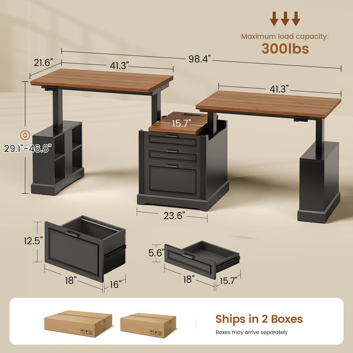 SEDETA | 98.4 Inch Electric Standing Desk Height Adjustable 2 Person Long Computer Desk Farmhouse with Power Outlets 3 Drawers Storage Cabinet