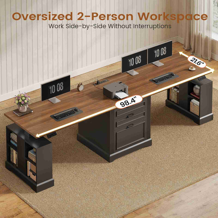 SEDETA | 98.4 Inch Electric Standing Desk Height Adjustable 2 Person Long Computer Desk Farmhouse with Power Outlets 3 Drawers Storage Cabinet
