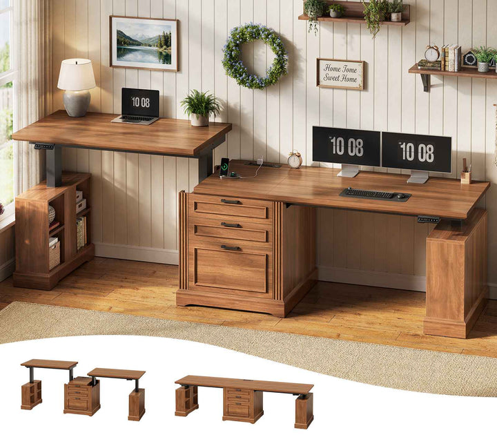 SEDETA | 98.4 Inch Electric Standing Desk Height Adjustable 2 Person Long Computer Desk Farmhouse with Power Outlets 3 Drawers Storage Cabinet
