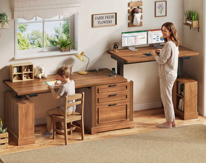 SEDETA | 98.4 Inch Electric Standing Desk Height Adjustable 2 Person Long Computer Desk Farmhouse with Power Outlets 3 Drawers Storage Cabinet