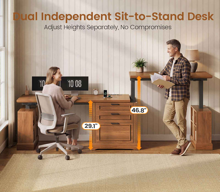 SEDETA | 98.4 Inch Electric Standing Desk Height Adjustable 2 Person Long Computer Desk Farmhouse with Power Outlets 3 Drawers Storage Cabinet