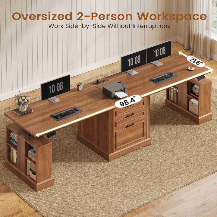 SEDETA | 98.4 Inch Electric Standing Desk Height Adjustable 2 Person Long Computer Desk Farmhouse with Power Outlets 3 Drawers Storage Cabinet