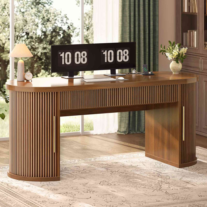 SEDETA® 58.3 Inch Fluted Long Computer Desk Executive Desk Wood Office Desk with 2 Drawers 2 Sliding Doors 4 Storage Shelves Power Strip
