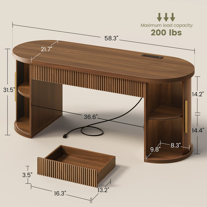 SEDETA® 58.3 Inch Fluted Long Computer Desk Executive Desk Wood Office Desk with 2 Drawers 2 Sliding Doors 4 Storage Shelves Power Strip
