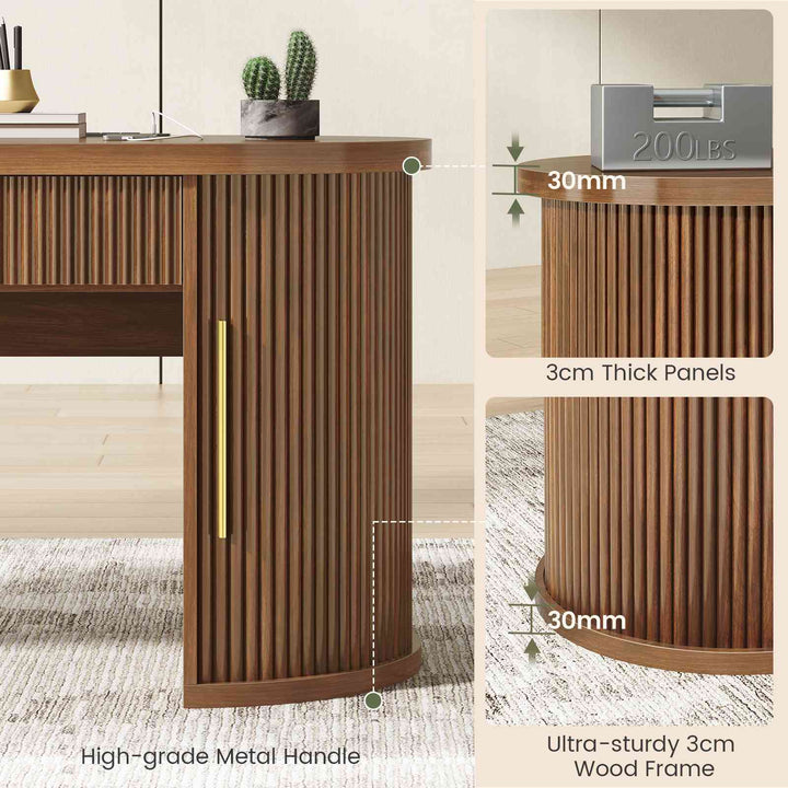 SEDETA® 58.3 Inch Fluted Long Computer Desk Executive Desk Wood Office Desk with 2 Drawers 2 Sliding Doors 4 Storage Shelves Power Strip