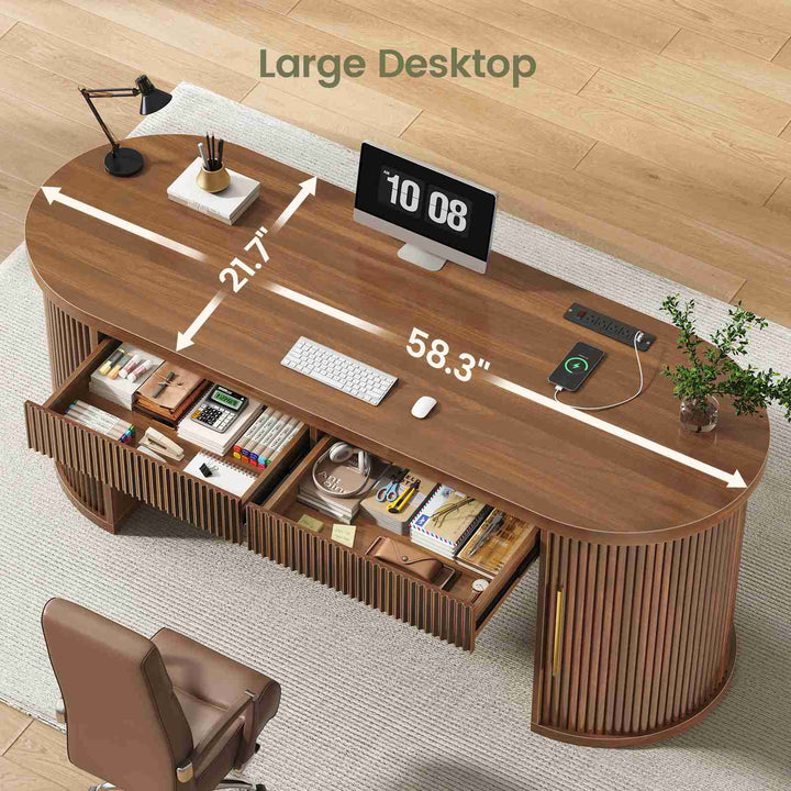 SEDETA® 58.3 Inch Fluted Long Computer Desk Executive Desk Wood Office Desk with 2 Drawers 2 Sliding Doors 4 Storage Shelves Power Strip