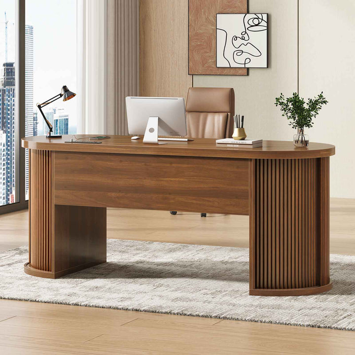 SEDETA® 58.3 Inch Fluted Long Computer Desk Executive Desk Wood Office Desk with 2 Drawers 2 Sliding Doors 4 Storage Shelves Power Strip