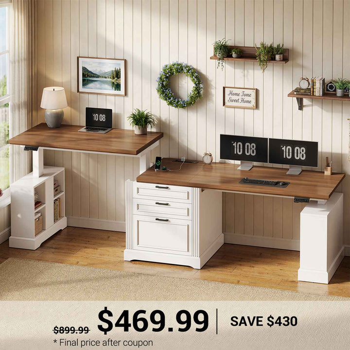 SEDETA 98.4 Inch Electric Standing Two Person Desk Farmhouse Height Adjustable Long Computer Desk with 3 Drawers Storage Cabinet Power Outlets for Home Office