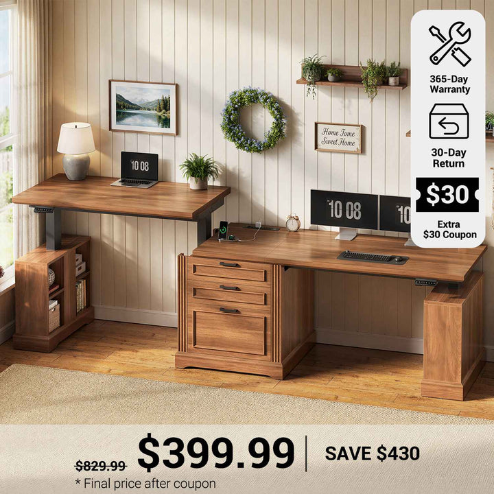 SEDETA® 98.4 Inch Farmhouse Electric Standing Two Person Desk Height Adjustable Long Computer Desk with Storage Cabinet 3 Drawers Power Outlets for Home Office