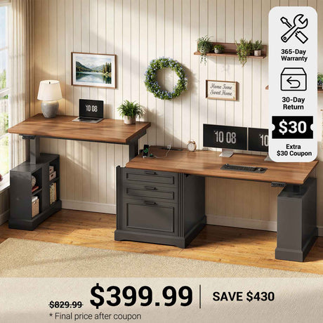 SEDETA® 98.4 Inch Farmhouse Electric Standing Two Person Desk Height Adjustable Long Computer Desk with Storage Cabinet 3 Drawers Power Outlets for Home Office