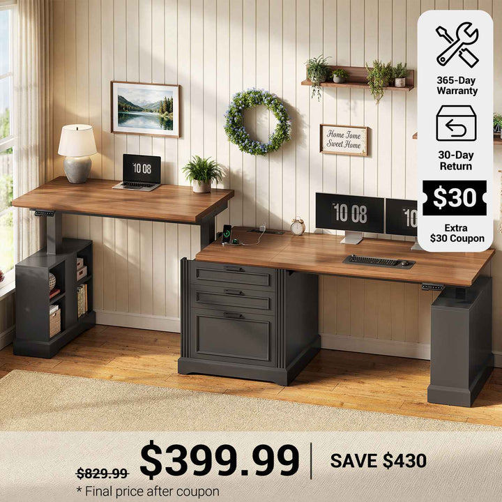 SEDETA® 98.4 Inch Farmhouse Electric Standing Two Person Desk Height Adjustable Long Computer Desk with Storage Cabinet 3 Drawers Power Outlets for Home Office