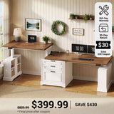 SEDETA® 98.4 Inch Farmhouse Electric Standing Two Person Desk Height Adjustable Long Computer Desk with Storage Cabinet 3 Drawers Power Outlets for Home Office