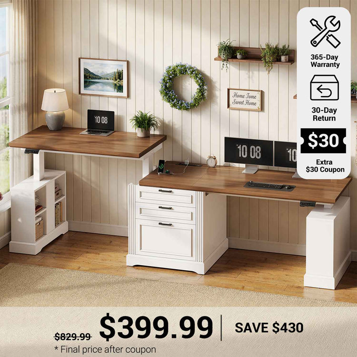 SEDETA® 98.4 Inch Farmhouse Electric Standing Two Person Desk Height Adjustable Long Computer Desk with Storage Cabinet 3 Drawers Power Outlets for Home Office