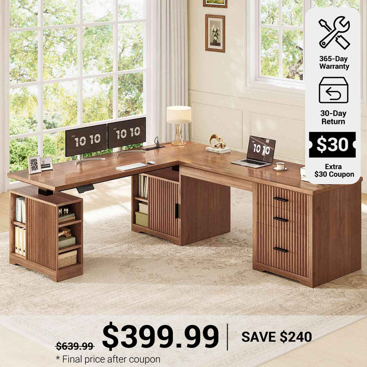 SEDETA® 63 Inch Fluted Height Adjustable Home Office Executive Desk with Drawers and Shelves L Shaped Electric Standing Desk  Two Person Desk with Power Outlet for Home Office