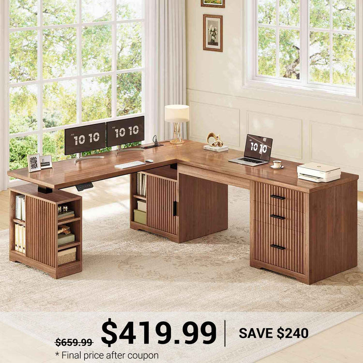SEDETA 63 Inch Fluted L Shaped Electric Standing Desk Height Adjustable Home Office Executive Desk with Drawers and Shelves Two Person Desk with Power Outlet for Home Office
