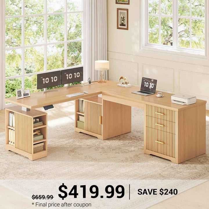 SEDETA 63 Inch Fluted L Shaped Electric Standing Desk Height Adjustable Home Office Executive Desk with Drawers and Shelves Two Person Desk with Power Outlet for Home Office