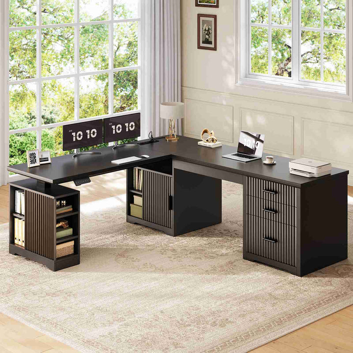 SEDETA | 63 Inch Fluted Two Person Desk with Power Outlet Height Adjustable Home Office Executive Desk with Drawers and Shelves L Shaped Electric Standing Desk for Home Office