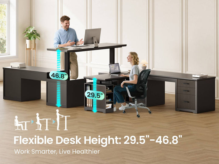 SEDETA | 63 Inch Fluted Two Person Desk with Power Outlet Height Adjustable Home Office Executive Desk with Drawers and Shelves L Shaped Electric Standing Desk for Home Office