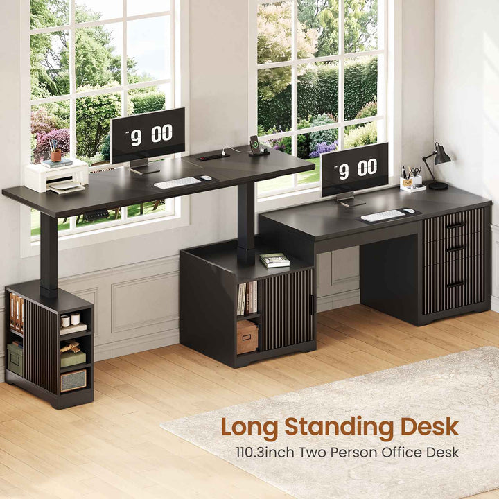 SEDETA | 63 Inch Fluted Two Person Desk with Power Outlet Height Adjustable Home Office Executive Desk with Drawers and Shelves L Shaped Electric Standing Desk for Home Office
