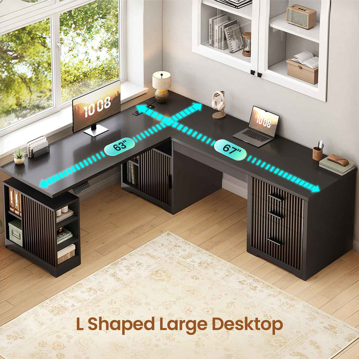 SEDETA | 63 Inch Fluted Two Person Desk with Power Outlet Height Adjustable Home Office Executive Desk with Drawers and Shelves L Shaped Electric Standing Desk for Home Office