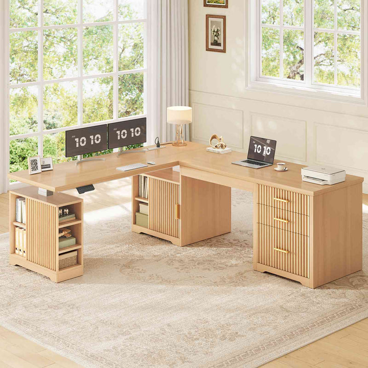 SEDETA | 63 Inch Fluted Two Person Desk with Power Outlet Height Adjustable Home Office Executive Desk with Drawers and Shelves L Shaped Electric Standing Desk for Home Office